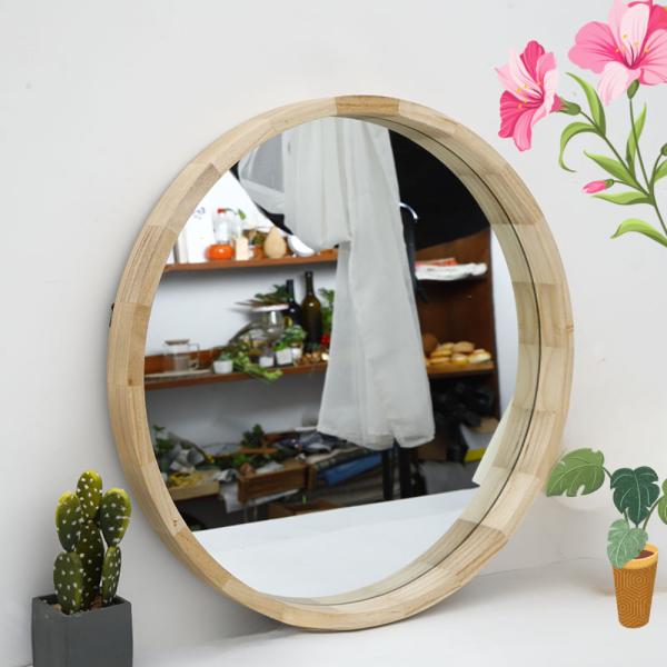 Wood Frame Glass Mirror Rustic Arch Bathroom Round Sticker With Modern Stylish Style