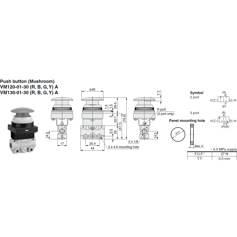 SMC VM130-01-32A, VM130-01-33A, VM130-01-34A, VM130-01-37A VM100 Series 3/2 way Mechanical Valve 1/8