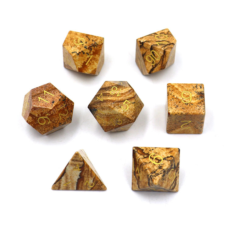 Natural Picture Jasper Gemstone Polyhedral Dice Set - Hand Carved DND Dice with Golden Ink Engraved Numbers