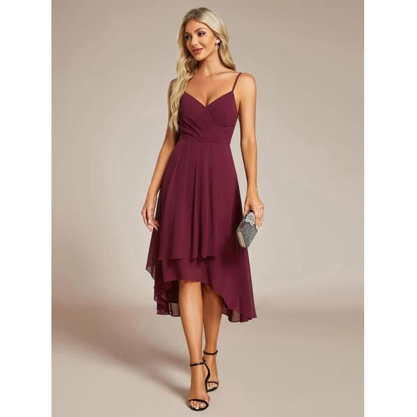 Sexy V-neck Spaghetti Strap Empire A-line High-low Burgundy Chiffon Wedding Guest Dress Midi Evening Dress