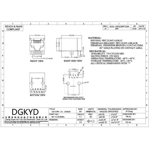 Cric de logement bleu de LAN RJ45 de haute performance avec le transformateur, KRJ -015DJWDBNL