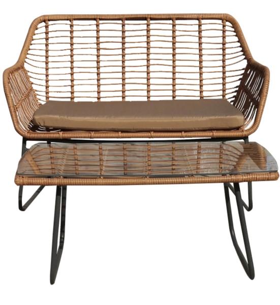 Jardim Rattan Mesa de jantar e cadeiras de aço PE Rattan tecido mesa de café cadeira de sofá