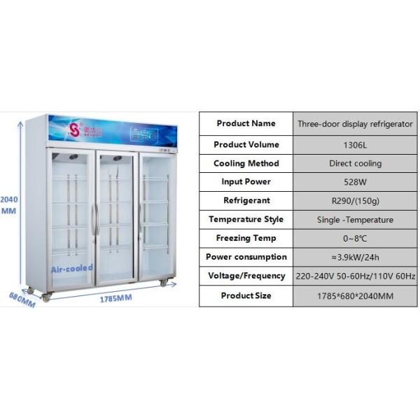 1306L Réfrigérateur à affichage à trois portes Porte vitrée commerciale Congélateur anti-corrosion