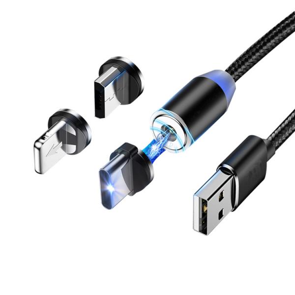Cabo USB Magnético 3 em 1 Trançado em Nylon Micro Tipo C 8 Pinos