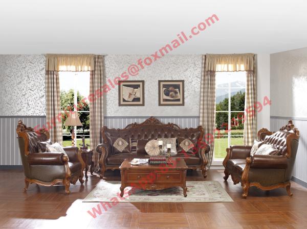 European Classic Solid Wooden Carving Frame with Italy Leather Upholstery Sofa Set