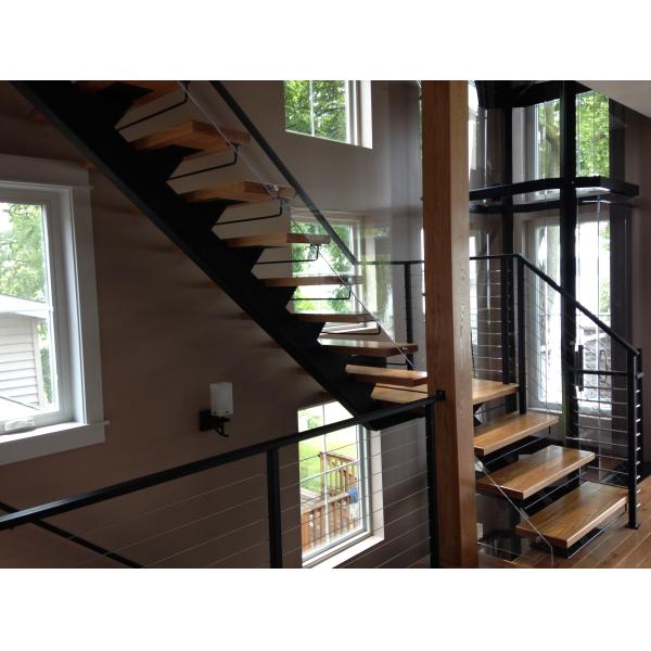 Customized Wooden Tread Straight Flight Staircase Glass Railing For Villa Design