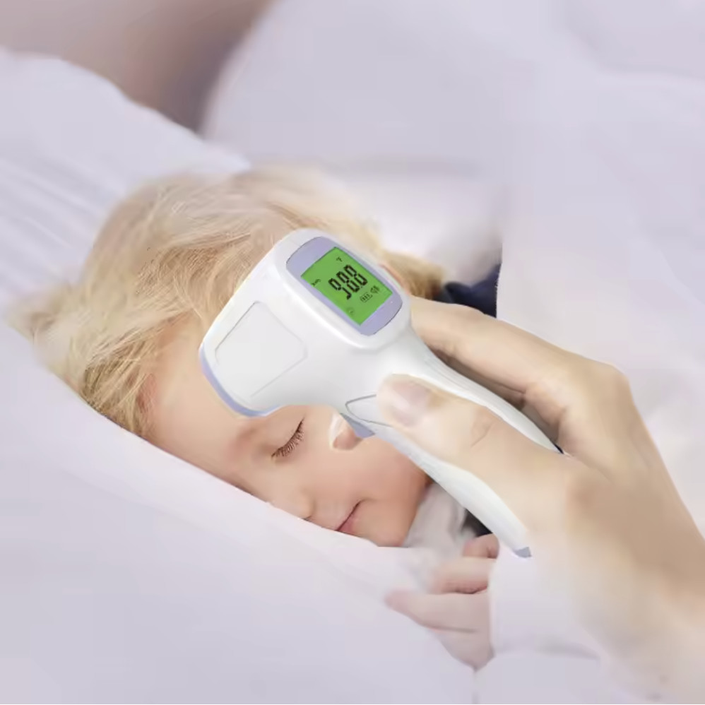 White LCD Body No Touch Infrared Forehead Thermometer With Fever Alarm