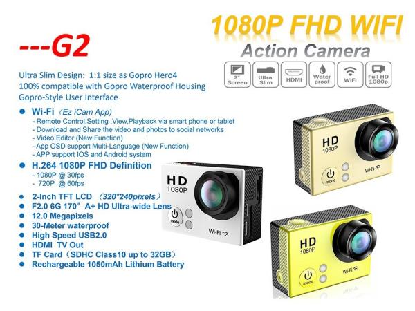 2 Inch Touch Screen 12 Mega Pixels Waterproof 30m G2 Full HD 1080p Action Cam Sport Camera