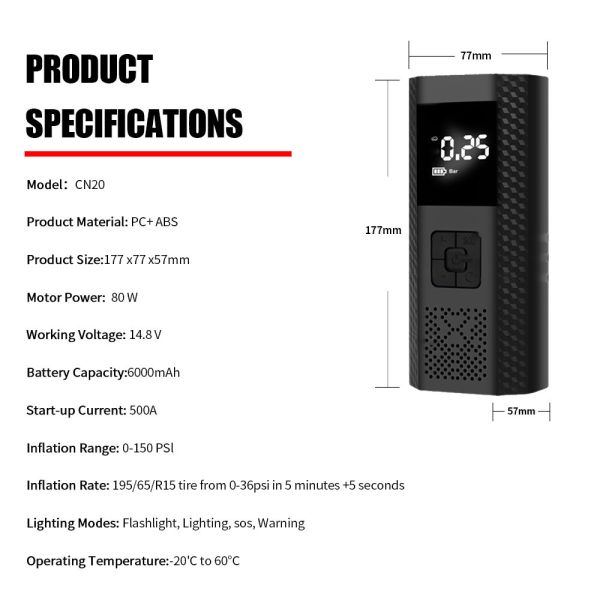 2 In 1 Mini Jump Starter Portable Tyre Inflator 6000mAh Electric Car Air Pump With Air Compressor