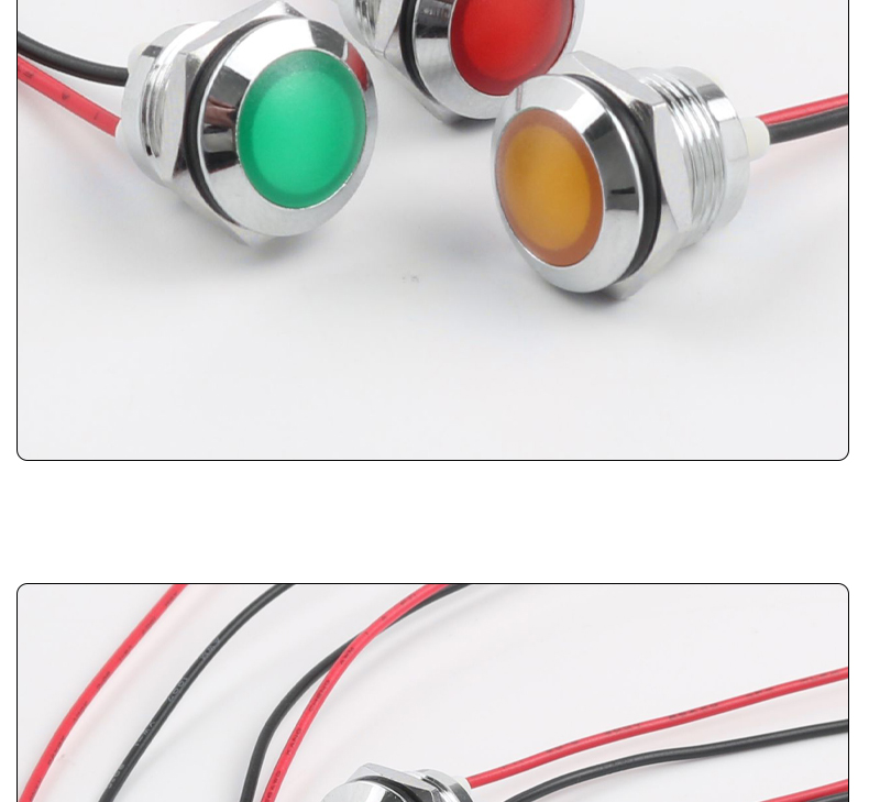 IP66 12mm Metal Power LED Indicator Light 150mm Industrial Control Red Green Yellow Blue White 6V 24V 220V 50000 Hours Lifespan