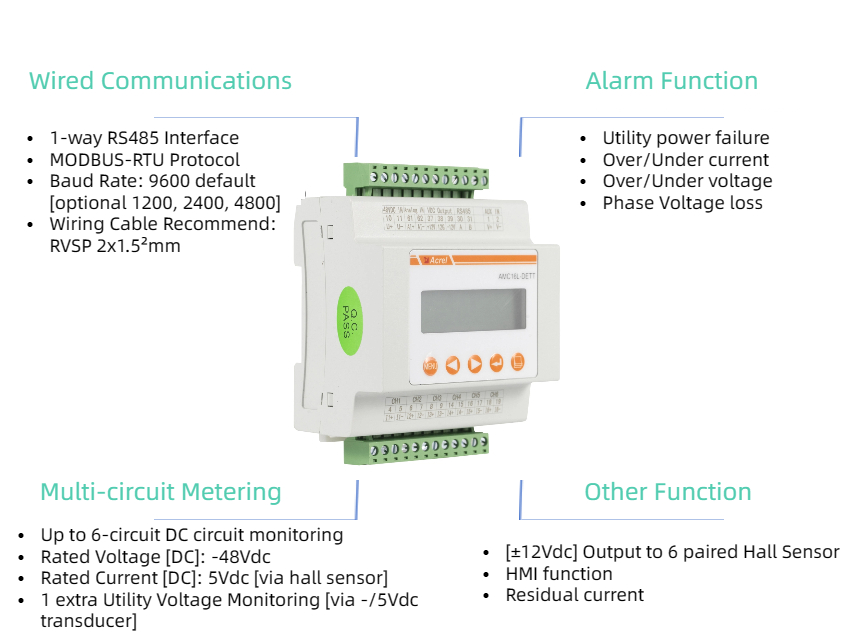 Acrel AMC16-CETT DC Multi-circuit Din Rail Energy Meter для базовой станции и башни 5G