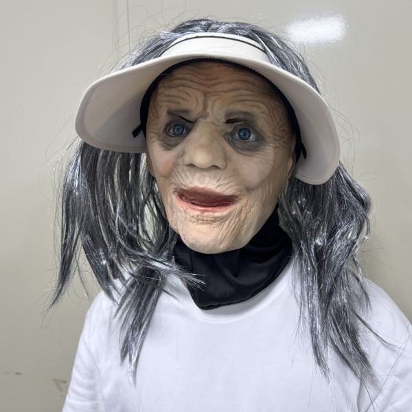 Old Lady Human Face Mask with Wig and Visor, Realistic Latex Elder Woman Mask for Halloween Cosplay Costume, Props