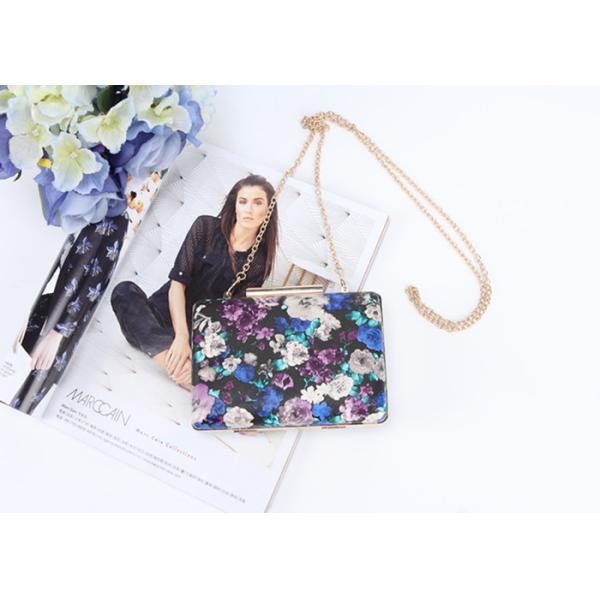 Flowers painting printed surface pu metal frame rectangle shaped pu clutch bag for women