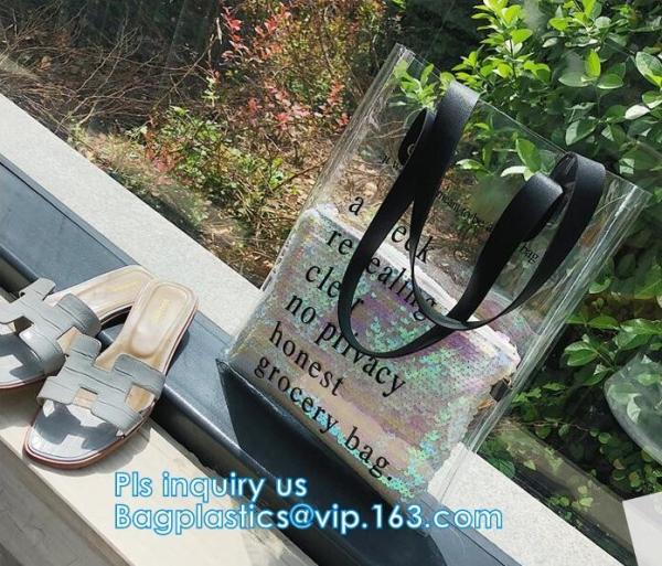 Custom Transparent Gift Pvc Tote Shopping Bag, reflective pvc shopping women's bag, shinny PVC harrods shopping bag, pac
