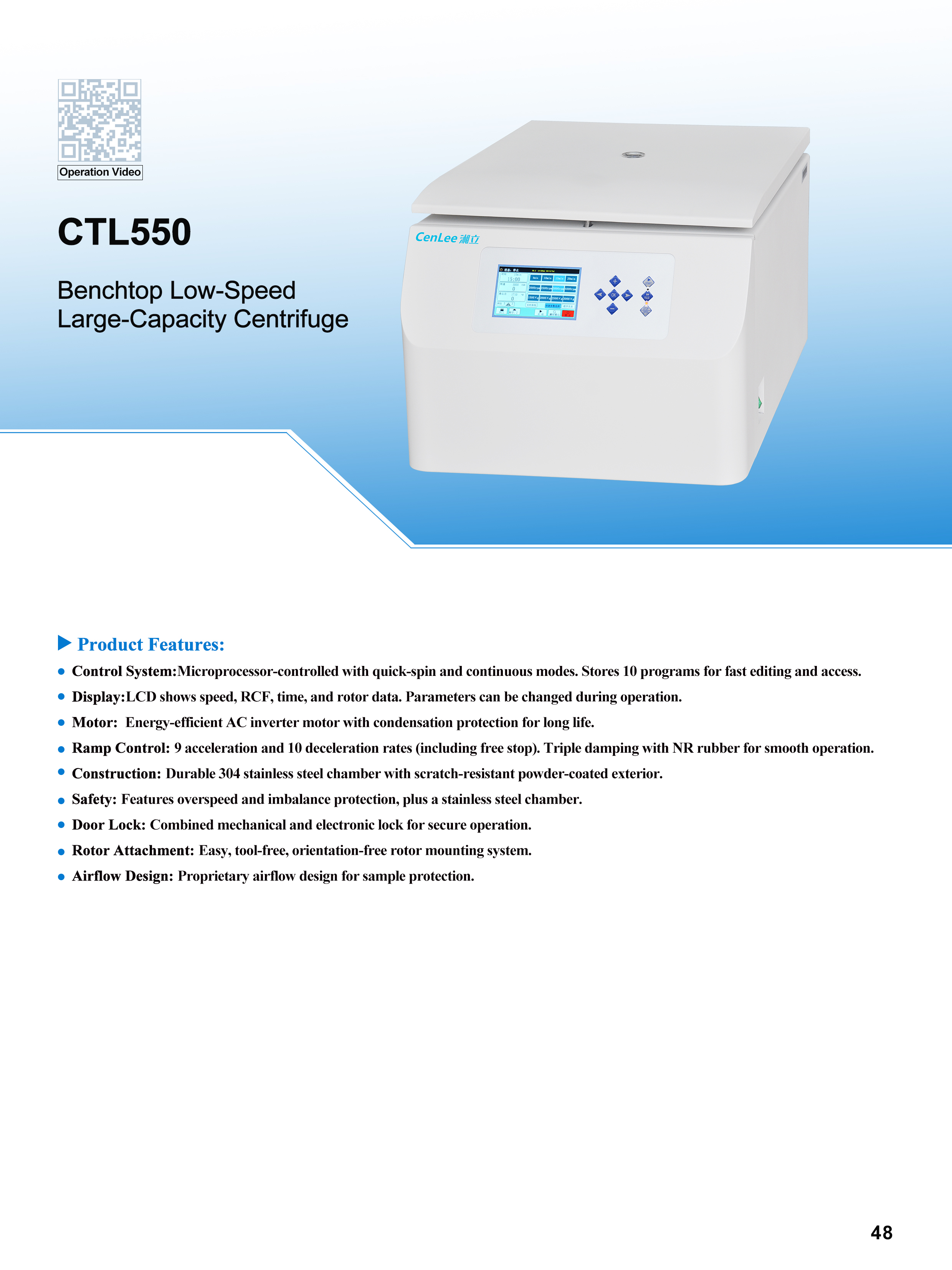 CTL550 Benchtop Refrigerated Centrifuge 5500rpm LCD Touch Display 10 Programs 11 Accel/Decel Profiles 4x500ml/250ml 96 Well