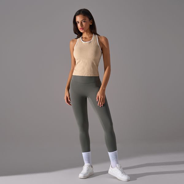 Women's Ribbed Knit Racerback Tank Top, Light Green Athletic Yoga Top with Contrast Trim, Moisture-Wicking & Slim-Fit for Workout, Running, Gym