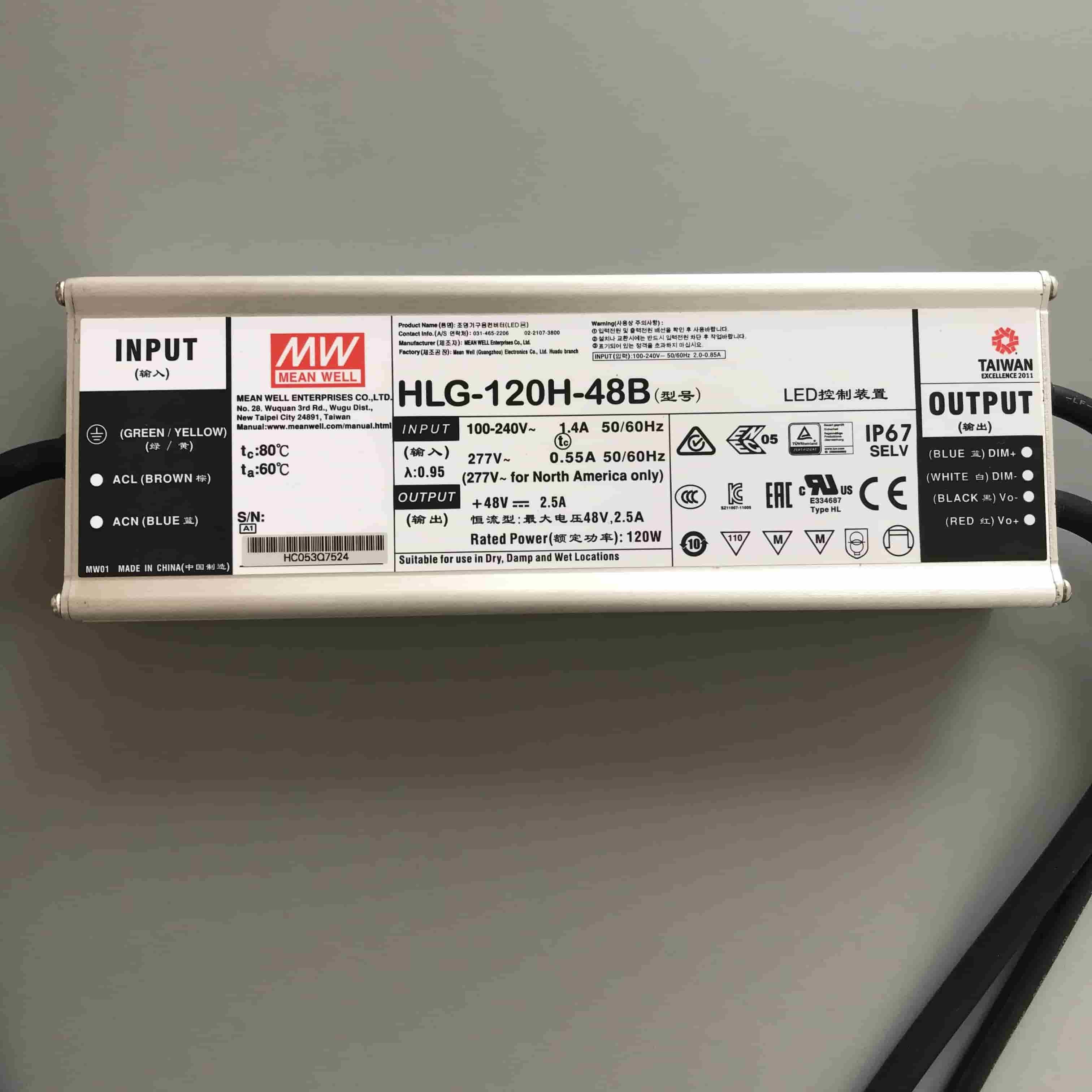 MEAN WELL HLG-120H-48B 120W 48V LED Driver IP67 3-in-1 Dimmable Constant Voltage & Constant Current Power Supply
