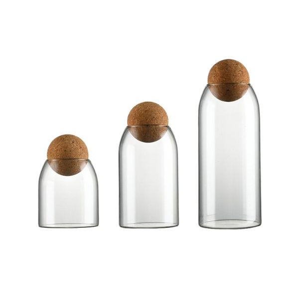 Hand Blown Borosilicate Glass Storage Jars Cork Lid Modern For Freshness Preservation