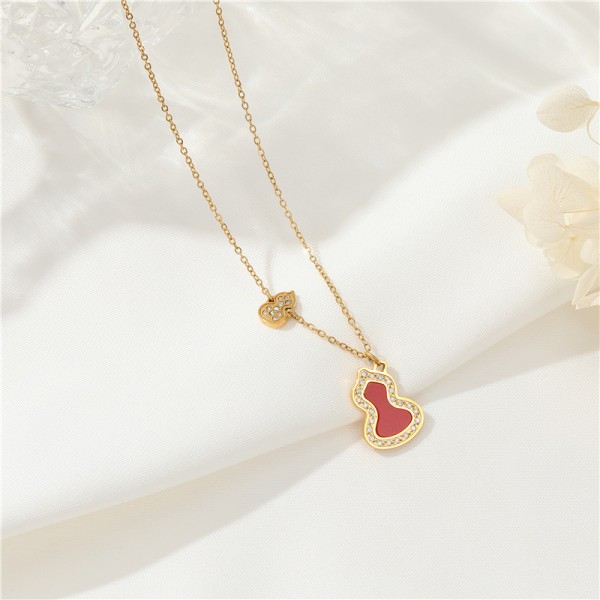 18K Vacuum Electroplated Stainless Steel Women's Necklace Micropaved Zircon Double Gourd Necklace Stainless Steel Jewelry