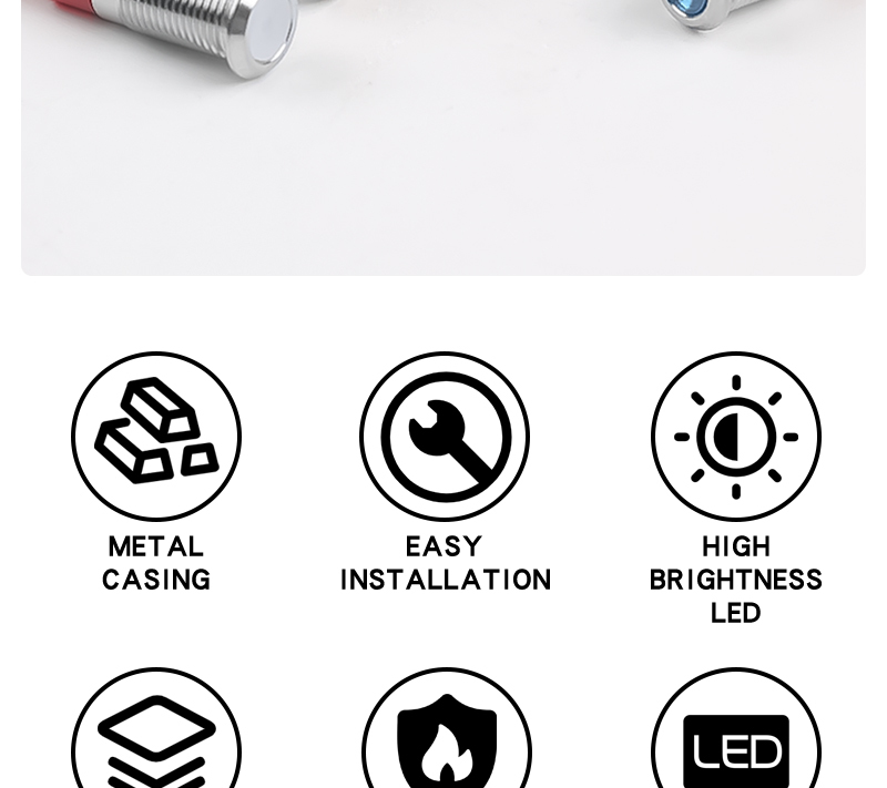 Metal Indicator Light 8mm LED With Wire Power Signal Light Waterproof Indicator Light 6V 24V 220V Red Green Yellow Blue