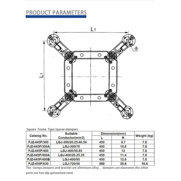 Square Frame Type Spacer-dampers for Vibration Control and Conductor Spacing in Overhead Transmission Lines