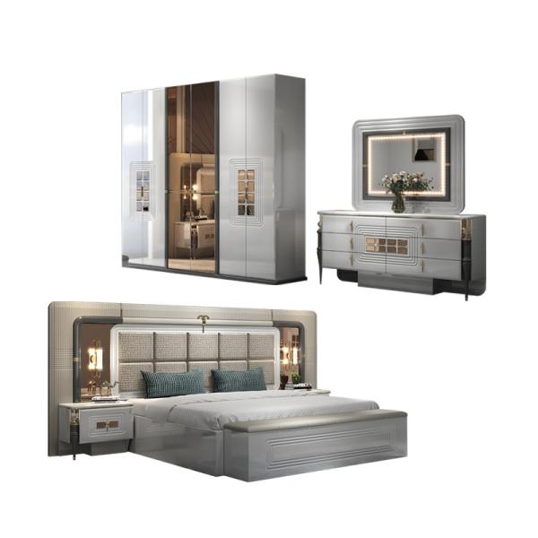 High Quality Modern Double Wooden Frame King Size Bed Wood Lighted Headboard Master Room Luxury Full Bedroom Furniture Set