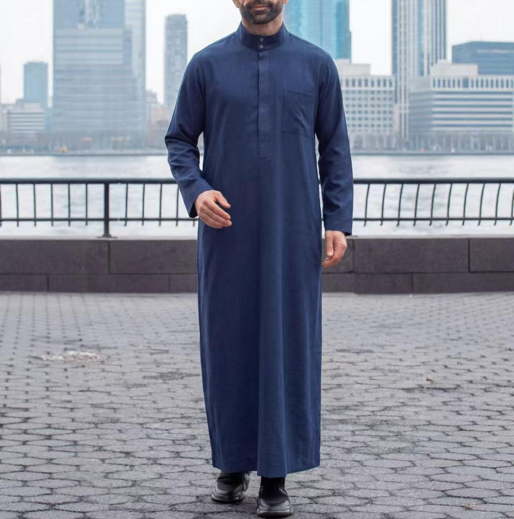 KM001 Middle Eastern Men's Embroidered Thobe / Jubba (Black With Gold Embroidery)