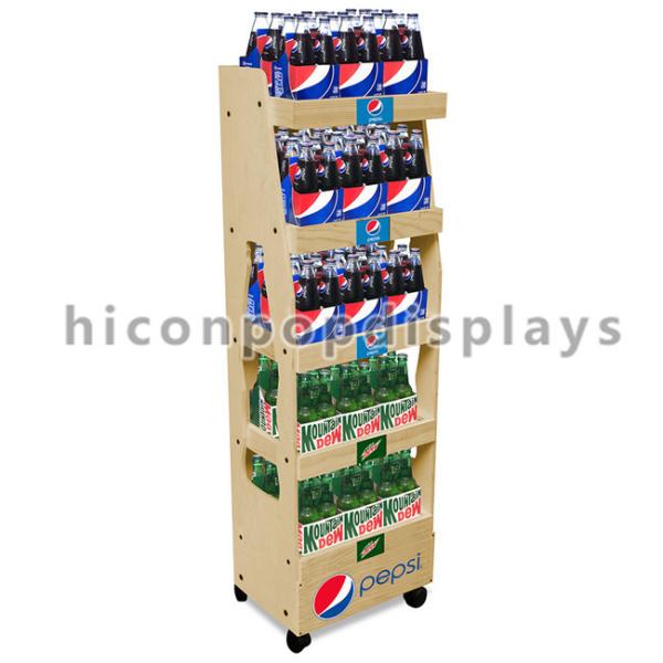 Movable Solid Wood Cola Display Stand Freestanding Drinks Shop Merchandising Display