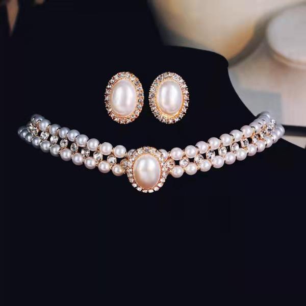 Double Row Pearl And Rhinestone Necklace Inlaid Crystal Diamond OEM ODM