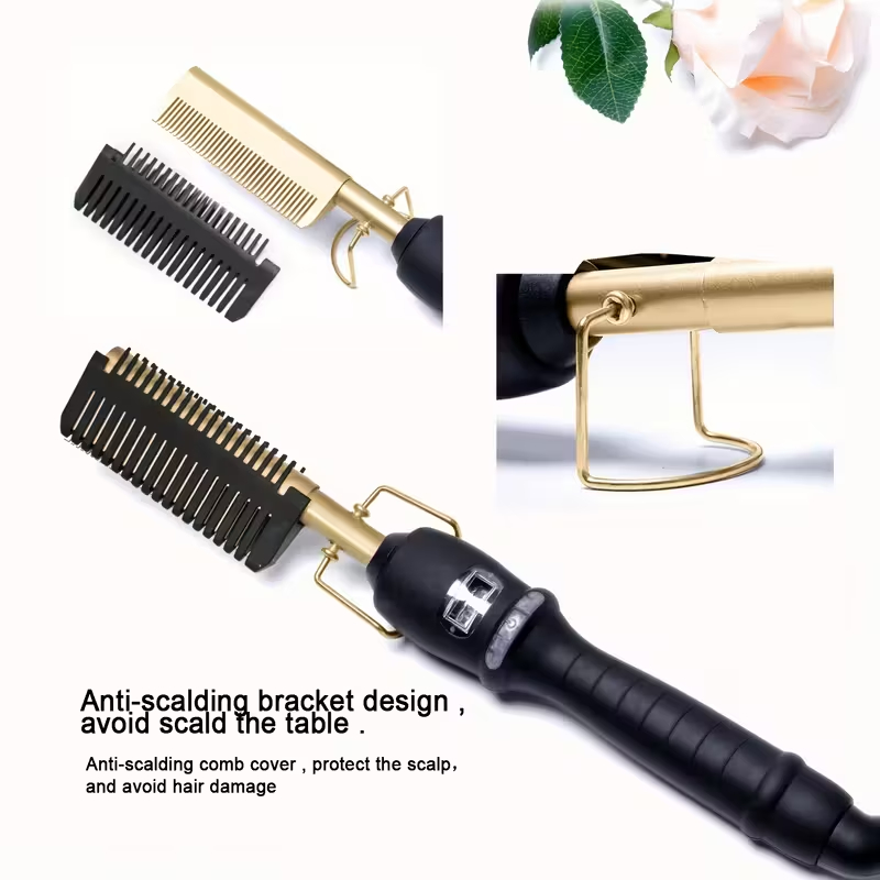 Portable Ceramic Electric Hot Comb Wigs Professional 2-in-1 Hair Straightener Curling Iron Anti-Scald Hotel Household Use 5 Heat