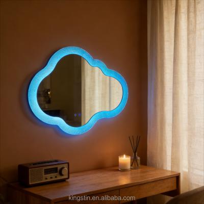 Textured Frame Cloud LED Mirror with Color-Changing Backlight - Dimmable Vanity Mirror for Bathroom/Entryway/Living Room Decor