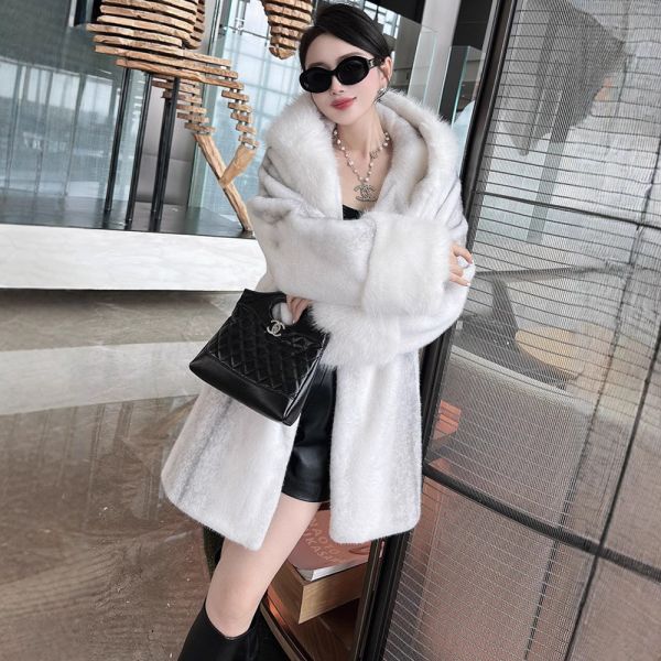 65cm To 80cm  Fake Mink Coat Hooded Coat Womens Faux Fur White Coat 115 Lbs