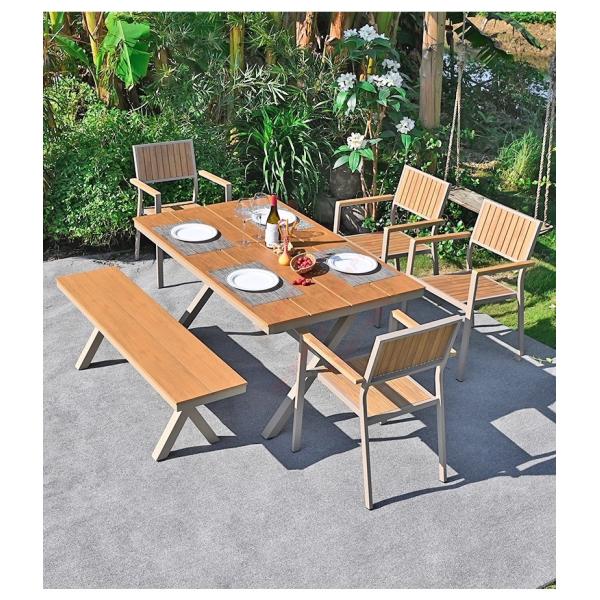 Outdoor Plastic Wood Table and Chairs – Villa Garden Patio Furniture, Weatherproof & Anti-Corrosion Leisure Set for Open-Air Use.