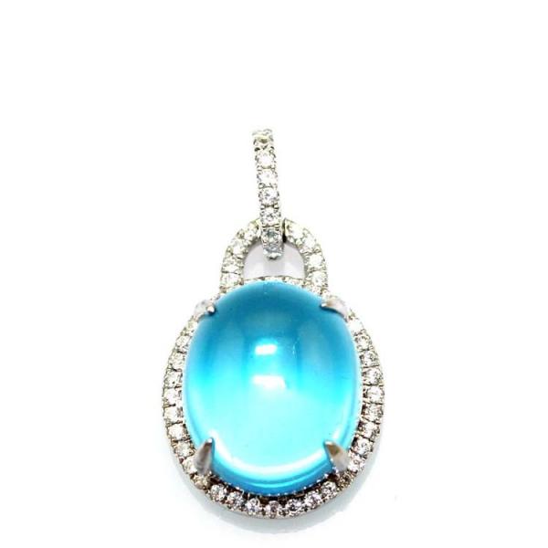 925 Sterling Silver 12x14mm Dome Blue Topaz CZ Diamonds  Pendant and Silver Chain Necklace (PSJ0361)