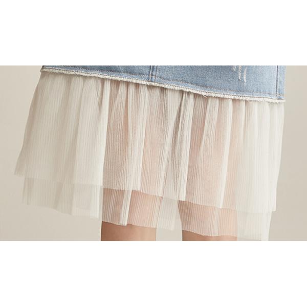 ODM OEM High Waisted Denim Skirt Tulle Mesh PatchedHem Light Indigo Jeans Wrap Skirt