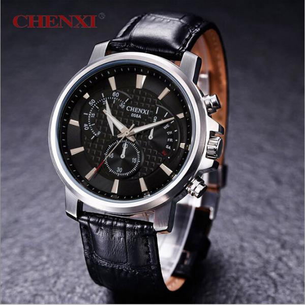 058A Business Man Big Wrist Wine Red Stainless Steel Case Back Top Quality Leather Watches