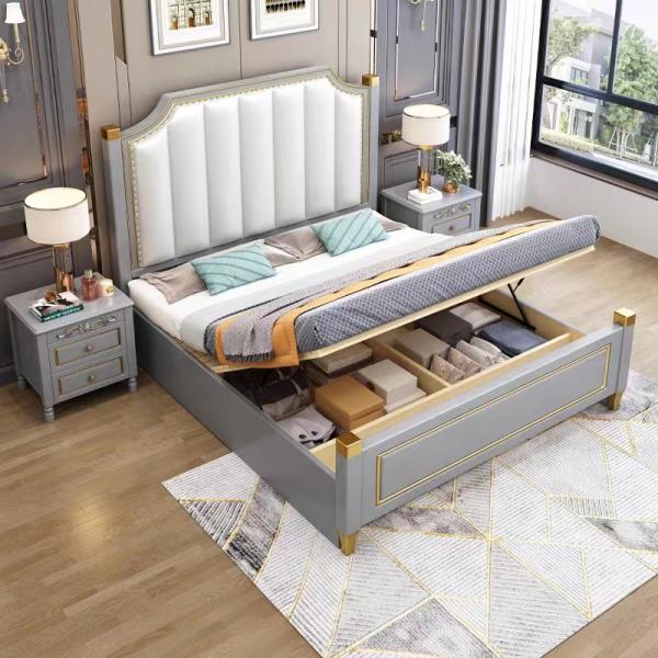 Upholstered Hotel Bedroom Furniture Hydraulic Lift Up Storage Leather Bed