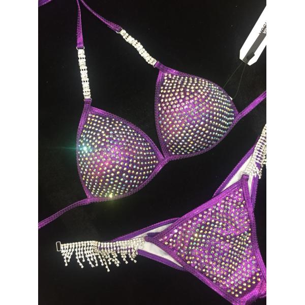 Purple Crystal NPC Bikini Competition Suits Spandex Fabric Beautifully Reflect Light
