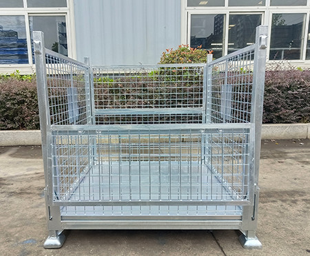 Caja de paletas de metal soldado con lados de malla y base de chapa de acero