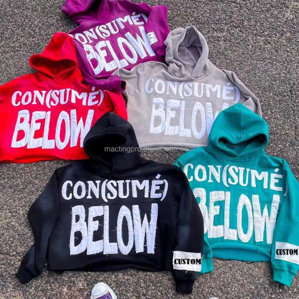 100 Cotton Hoodies For Men Terry Cut Raw Hem Embroidery Applique Sun Faded Acid Wash