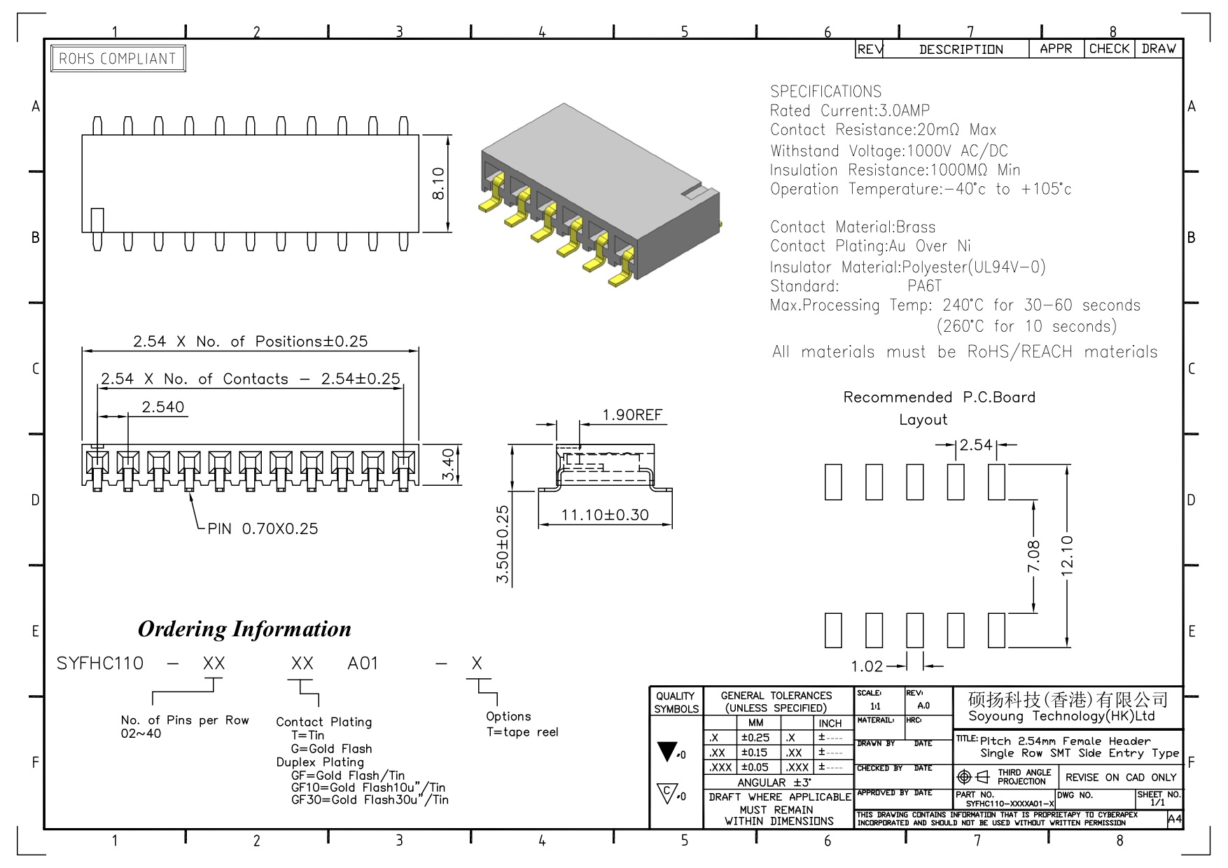 Женский ТИП 1 *2PIN входа SMT строки соединителя 2.54mm заголовка одиночный к 1*40PIN H=3.40mm