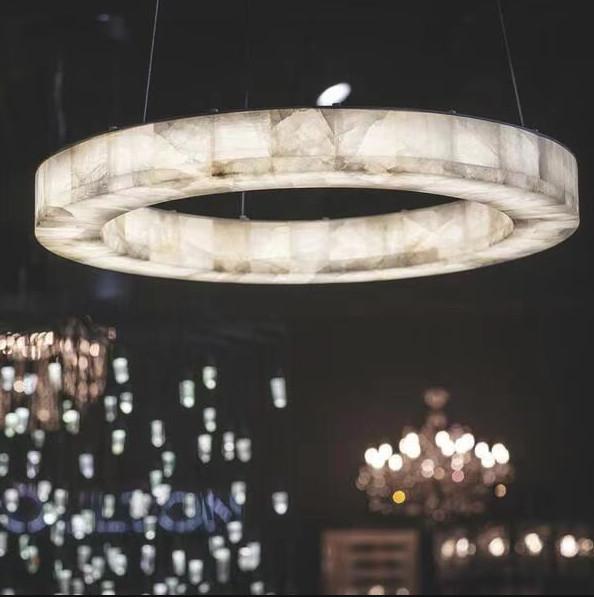 Custom European Modern Unique Circle Ring Lighting White Natural Led Alabaster Chandelier For Living Room Dining Room