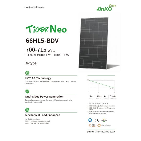 JinKo N-type 66HL5-BDV  N Type Topcon Bifacial Module 700W 705W 710W  715W  720W  Dual Glass Bifacial Solar Panel