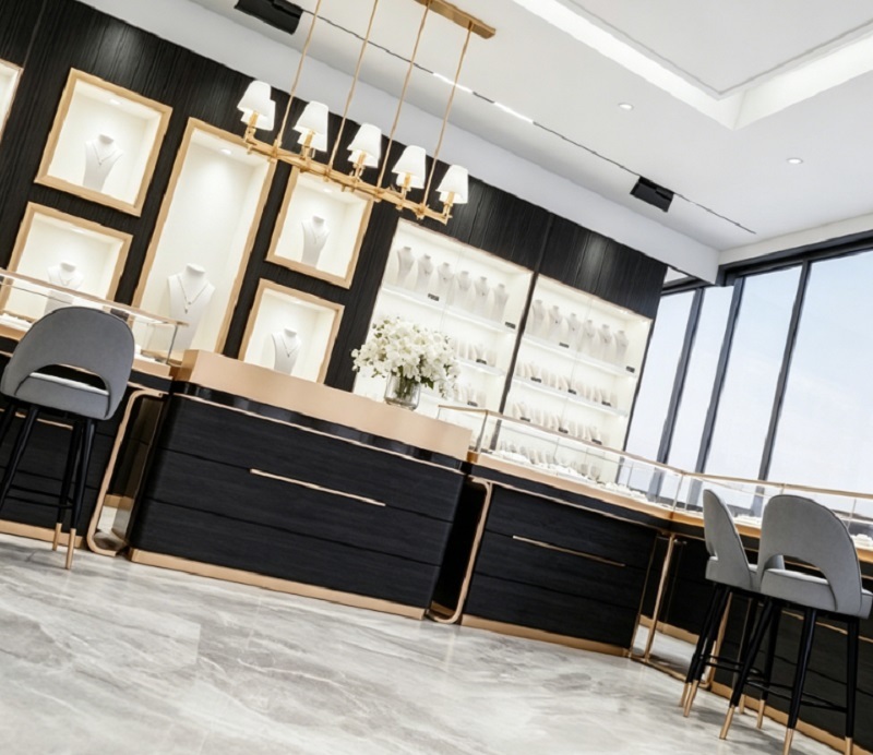 Custom Luxury Jewelry Shop Solution, Sleek Black & Gold Showcase with Integrated LED Lighting & Chandelier
