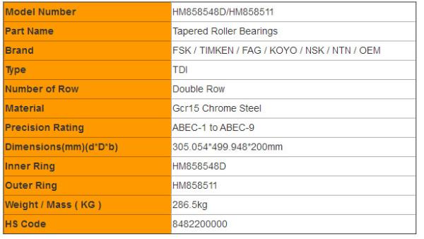 Large Size Double Row Taper Roller Bearing HM858548D/HM858511