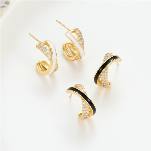 Jiexing Wholesale Trendy Drop Oil CZ Design X-shape Stud Earring Enamel White Black Color Jewelry Accessory for Women