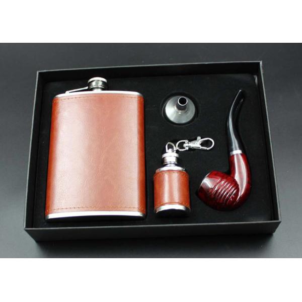Portable Kitchen Household Items 9 Oz  Leather Hip Flask Business Gift Pipe Set