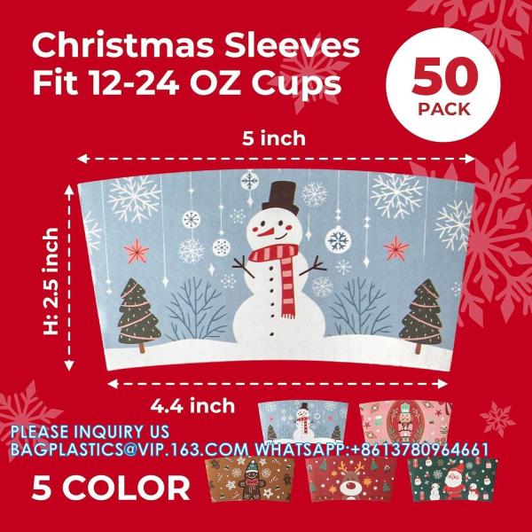 Christmas Paper Coffee Cup Sleeves, Disposable Corrugated Cardboard Paper Jacket Fit 12oz, 16oz, 20oz, 24oz