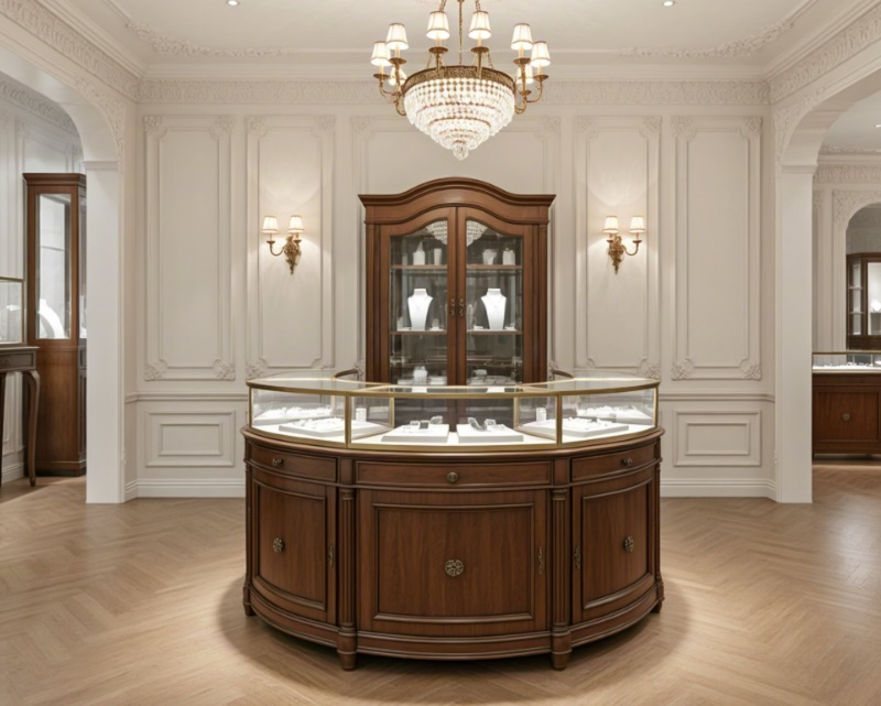 Vintage Walnut Wood 360° Curved Island Jewelry Display Counter with LED Lighting for Luxury Boutiques