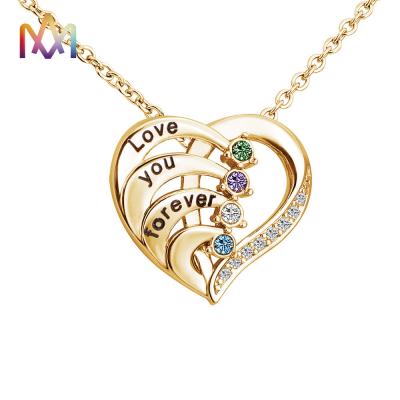 45cm Stainless Steel Heart Pendant Necklace With Birthstone Inlayed Engraving Jewelry Gifts